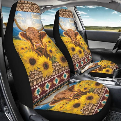 Sunflower Highland Cow Car Seat Covers Elastic Fabrics Waterproof Car Seat Cover Easy to Install Auto Interior Accessories 2 Pcs Set for SUV, Vans,Sedan,Truck