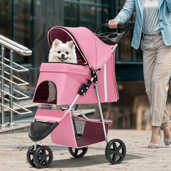 Magshion 3-Wheel Pet Stroller, Foldable Travel Jogger for Small & Medium Dogs & Cats (Up to 33lbs), Lightweight Carrier with Breathable Mesh Cover, Cup Holder & Storage Basket, Pink