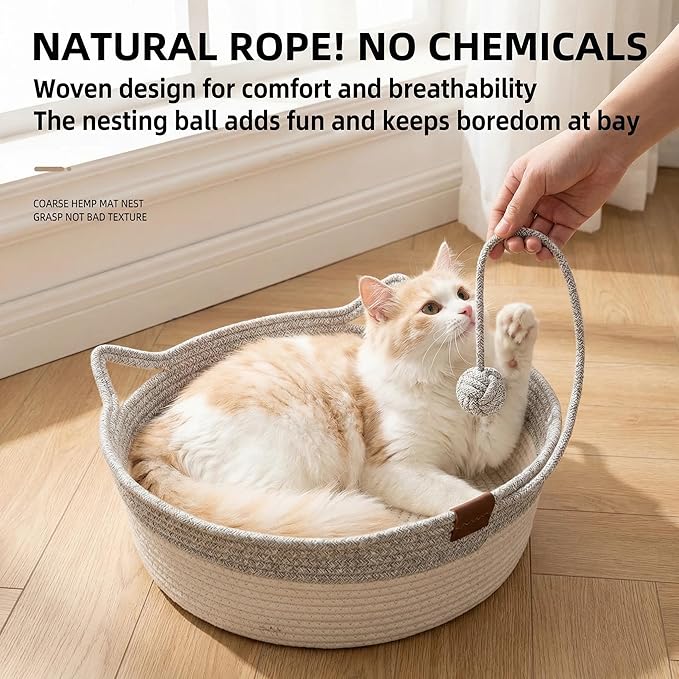 Handwoven Cat Basket with Toy Rope Ball, Foldable Scratchable Cat Hammock Bed, Breathable Cat Basket for Indoor Play Rest Sleeping (Brown)