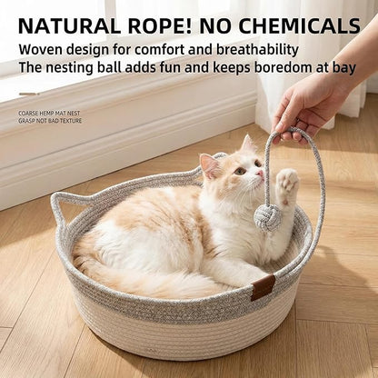 Handwoven Cat Basket with Toy Rope Ball, Foldable Scratchable Cat Hammock Bed, Breathable Cat Basket for Indoor Play Rest Sleeping (Grey)