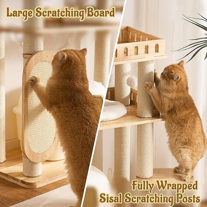 58" Tall&Wide Solid Wood Cat Tree Tower for Indoor Cats, Modern Cat Tree Open-Style Cat Villa Condo with Scratching Posts & Board, Cat Beds, Multi-Level Cat Furniture with Space for Litter Box