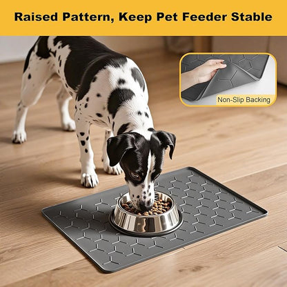 Pieviev 24''x16'' Dog Cat Food Bowl Mat, Silicone Waterproof Food Grade Pet Food Mat for Floor, High Raised Edge to Prevent Spills, Non-Slip & Easy Clean Pet Placemat for Dog & Cat Bowls, Dark Gray