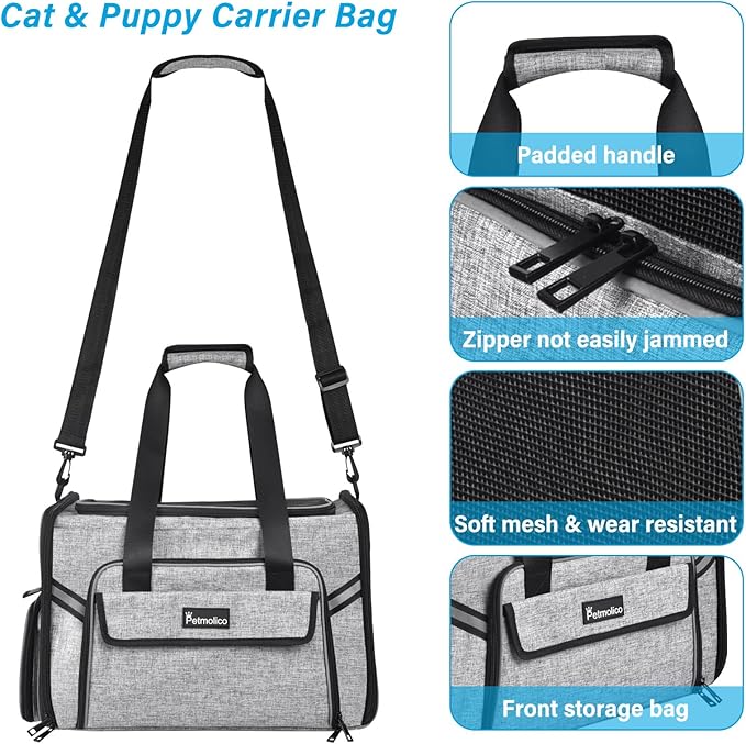 Petmolico Cat Carrier Soft-Sided Pet Bag for Small Medium Cats Puppies 16LBs - Airline Approved Pet Travel Carrier 3 Open Doors (Medium,Grey-X862)