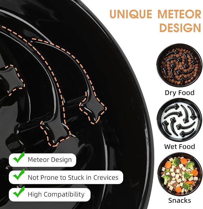 Ceramic Slow Feeder Dog Bowls Large Breed, 2 Cups Slow Eating Dog Bowl, Anti-Gulping Pet Food Bowl Reduce Choking, Heavy Puzzle Maze Design Pet Dishes for Fast Eaters, 8.3 inch - Black