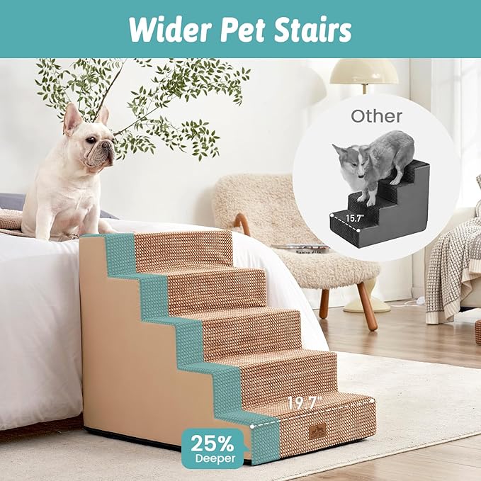Dog Stairs with Detachable Zipper, 19.7" Extra Wide Right-Angle Pet Stairs for Bed, Anti-Slip Dog Steps for Lowrider and Elderly Cats with Support Board, 19.7x29.5x23.6 inch, Light Brown