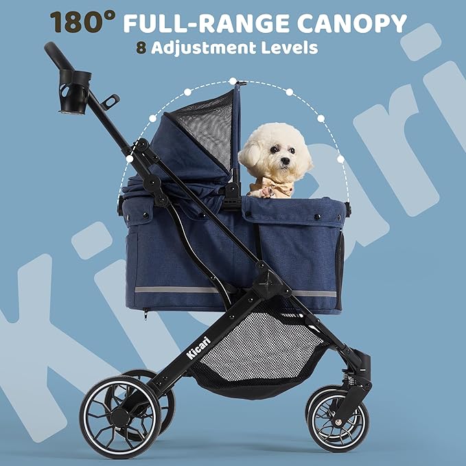 All-Terrain Dog Stroller for Small to Medium Dogs, Pet Stroller for Dogs & Cats Outdoor Walks, One-Hand Easy Fold, Double-Layer Anti-UV & Waterproof Canopy & Breathable Mesh, Midnight Blue