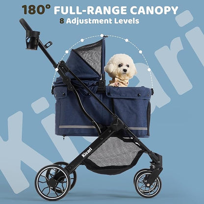 All-Terrain Dog Stroller for Small to Medium Dogs, Pet Stroller for Dogs & Cats Outdoor Walks, One-Hand Easy Fold, Double-Layer Anti-UV & Waterproof Canopy & Breathable Mesh, Midnight Blue