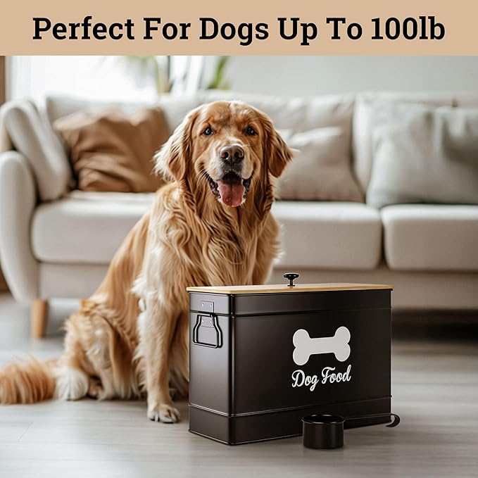 Dog Food Container Airtight 15 lb (50 Cup) Capacity with Metal Scoop - Cute Airtight Dog Food Storage Container with Bamboo Lid - Black Metal Kibble Storage Bin for Dogs up to 100 lbs - Big Pet Jar