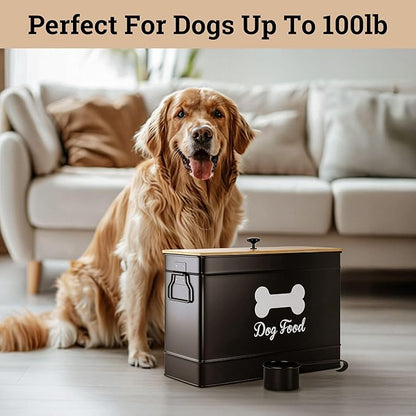 Dog Food Container Airtight 15 lb (50 Cup) Capacity with Metal Scoop - Cute Airtight Dog Food Storage Container with Bamboo Lid - Black Metal Kibble Storage Bin for Dogs up to 100 lbs - Big Pet Jar