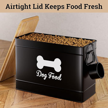 Dog Food Container Airtight 15 lb (50 Cup) Capacity with Metal Scoop - Cute Airtight Dog Food Storage Container with Bamboo Lid - Black Metal Kibble Storage Bin for Dogs up to 100 lbs - Big Pet Jar