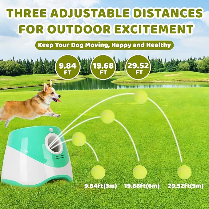 Automatic Ball Launcher for Dogs, Interactive Dog Ball Thrower with 6 PCS 1.96" ETPU Balls, 3 Adjustable Distance Settings (9.84-29.52FT), Indoor Outdoor Fetch Trainer Toy for Small & Medium Dogs