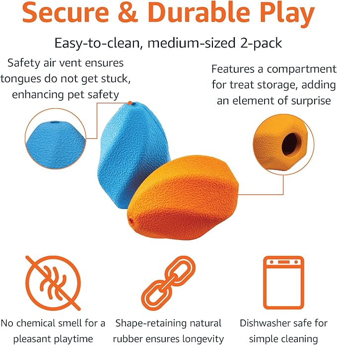 Amazon Basics Interactive Durable Natural Rubber Dog Treat Dispensing Enrichment Chew Toy for Medium Dogs, Multi Color, 2-Pack