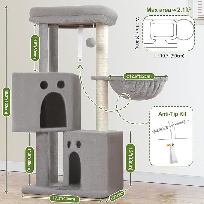 Small Cat Tree Tower for Indoor Cats, 40 In Medium Multi-Level Compact Cat House Bed with 2 Condo, Large Platform Perch, Sisal Scratching Post, Hammock, Cat Climbing Stand for Kitty kitten(Light Grey)