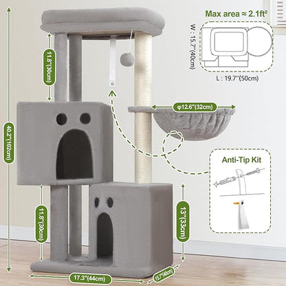 Small Cat Tree Tower for Indoor Cats, 40 In Medium Multi-Level Compact Cat House Bed with 2 Condo, Large Platform Perch, Sisal Scratching Post, Hammock, Cat Climbing Stand for Kitty kitten(Light Grey)