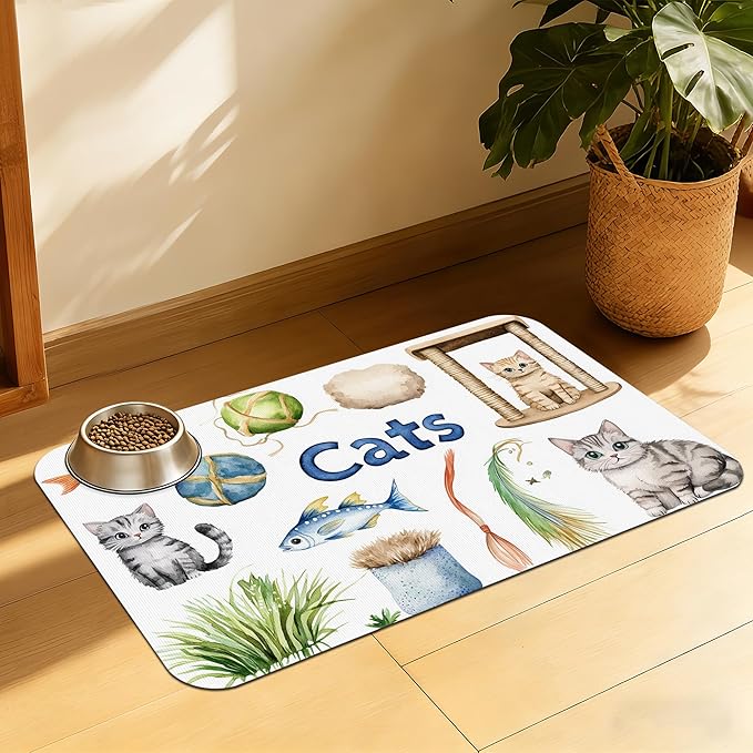 Cat Fun Pet Feeding Mat, Absorbent Bowl Pad for Dogs and Cats, Fast Dry, Non-Slip Back, Indoor Use – 16x24 Inch