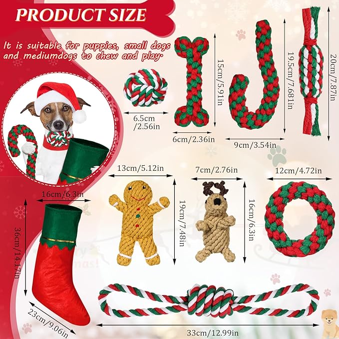 Sadnyy 9 Pcs Christmas Dog Rope Toys Gingerbread Man Reindeer Puppy Chew Xmas Toys Set Interactive Dog Stocking Stuffers, Tough for Puppy Small Medium Gifts Pet Playing Teething Cleaning