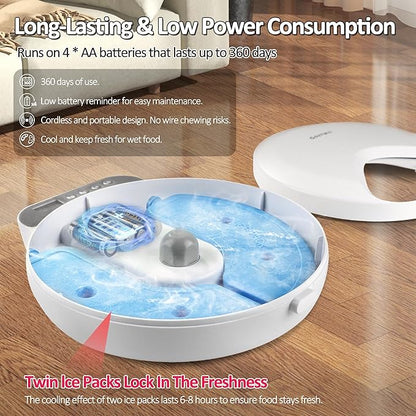 Automatic Cat Feeder Wet Food, Battery Operated Auto Feeder 4 Meals with 2 Ice Packs, Digital Cordless Pet Fresh Food Bowl for Cats Small Dogs with Programmable 12H/24H Format Timer-(Battery Included)