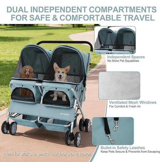 Double Pet Stroller for 2 Small Dogs & Cats, Side-by-Side Twin Travel Carriage with Safety Leashes, Mesh Windows & Double Storage Baskets, Lightweight & Foldable, 44lbs Capacity, Light Blue