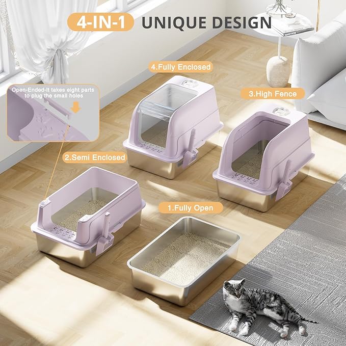 Stainless Steel Cat Litter Box Fully Enclosed Extra Large Metal High Sided Cat Box with 120° Fully Transparent See-Through Flip Lid, Scoop & Mat - Pink -XL