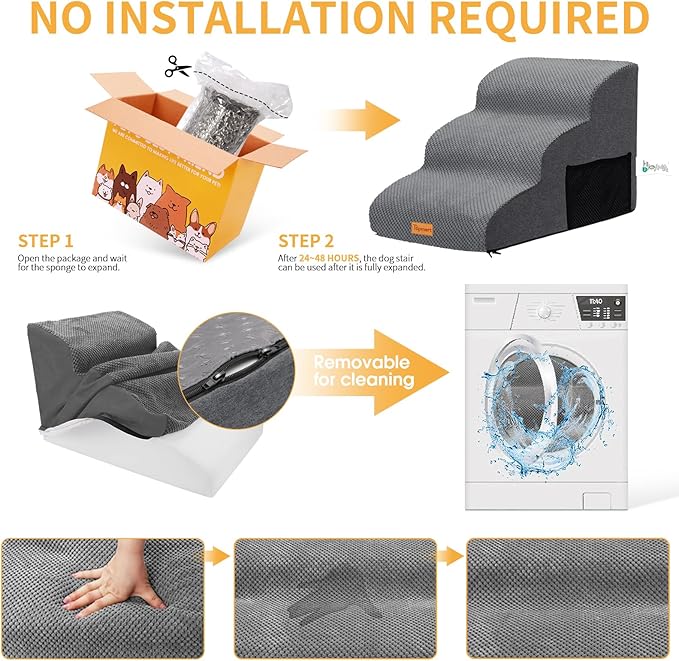 Topmart 3 Tiers Foam Dog Ramps/Steps,Non-Slip Dog Steps,Extra Wide Deep Dog Stairs,High Density Foam Pet Stairs/Ladder,Best for Older Dogs,Cats,Small Pets, Grey