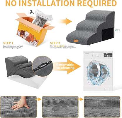 Topmart 3 Tiers Foam Dog Ramps/Steps,Non-Slip Dog Steps,Extra Wide Deep Dog Stairs,High Density Foam Pet Stairs/Ladder,Best for Older Dogs,Cats,Small Pets, Grey