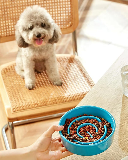 Ceramic Slow Feeder Dog Bowls, 0.6 Cup Slow Feeder for Small Dogs, Puzzle Maze Bowl, Prevents Choking, 6in, Blue