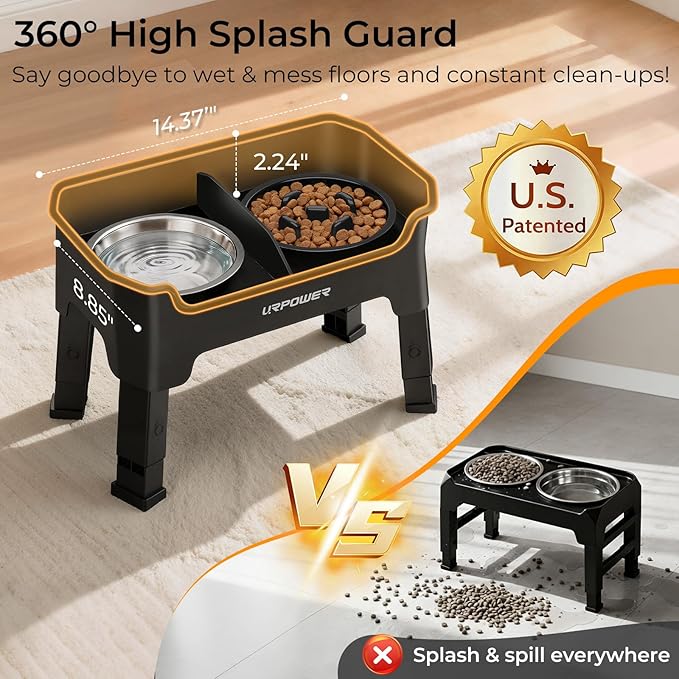 URPOWER Mess Proof Elevated Dog Bowls, High Wall Splash Guard Design, 4 Height Adjustable Raised Bowl Stand, 2 Stainless Steel Bowls, Non-Slip Food Water Set for Small Medium Large Dogs