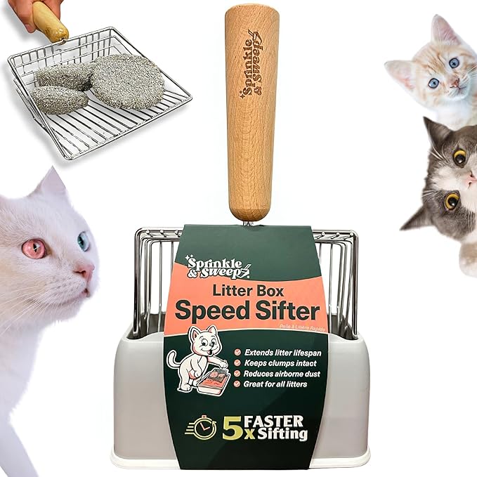 Sprinkle & Sweep: Litter Box Speed Shifter - Metal Scoop, Comfortable Wood Grip, Washable Stand, Easy & Efficient Cleaning, Cat & Pet Maintenance