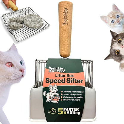 Sprinkle & Sweep: Litter Box Speed Shifter - Metal Scoop, Comfortable Wood Grip, Washable Stand, Easy & Efficient Cleaning, Cat & Pet Maintenance