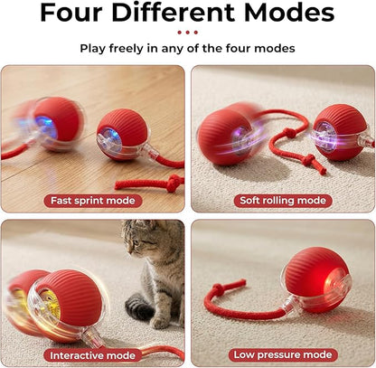 Interactive electric automatic 360 rolling USB rechargeable motion-sensing toy smart chasing cat ball, equipped with a quick tail rope, specially designed for active adult cats and indoor dogs.