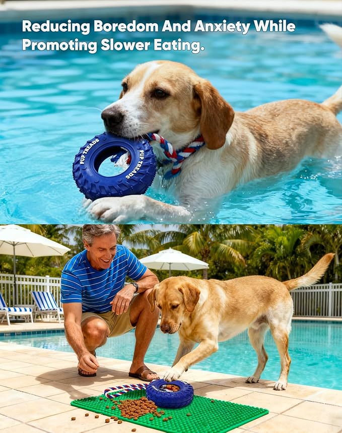 Deeow Dog Tire Toy, Treat Dispensing Chew Toy for Teething Clean and Dental Care, Natural Rubber Enrichment Dog Toys for Boredom Relieve, Interactive Tug-of-War Slow Feeder Pet Toys-Blue