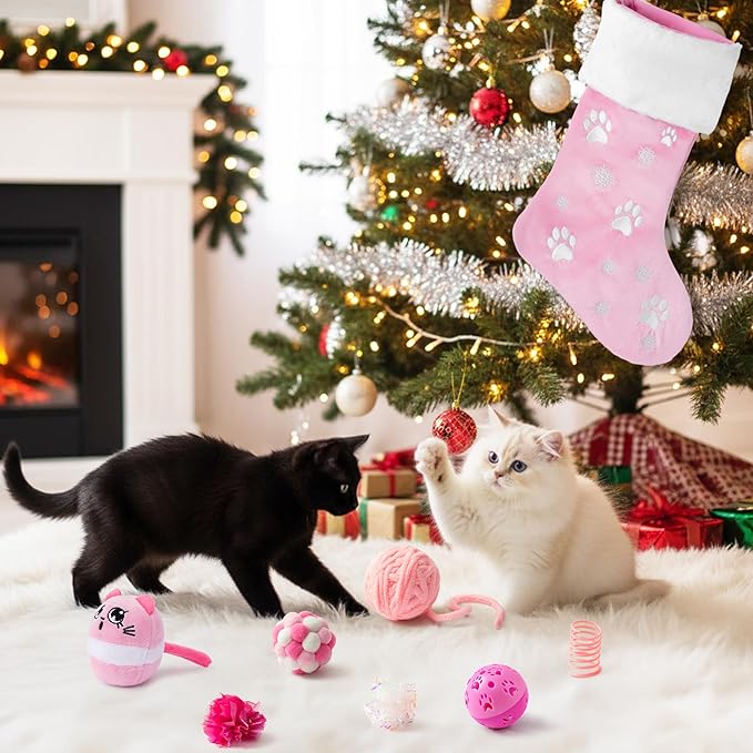 MALLMALL6 Christmas Stocking Cat Toys - 12Pcs Interactive Kitty Gifts Pink Xmas Hanging Stocking Feather Teaser Wand Mice Crinkle Bells Ball Spring Toys for Indoor Kitten