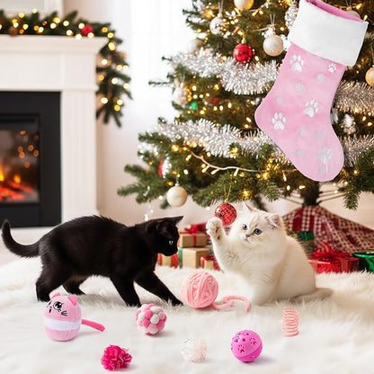 MALLMALL6 Christmas Stocking Cat Toys - 12Pcs Interactive Kitty Gifts Pink Xmas Hanging Stocking Feather Teaser Wand Mice Crinkle Bells Ball Spring Toys for Indoor Kitten