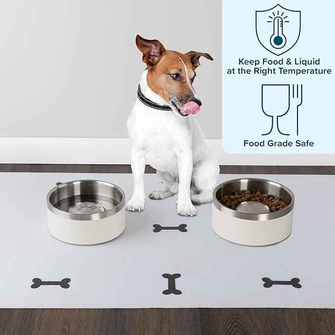 Set of 2 Stainless Steel Slow Feeder Dog Bowls - 60oz or 7.5 Cups Double Wall Insulated Food and Water Bowls for Dogs - Non Slip Metal Pet Dishes for Medium to Large Sized Pets by PETMAKER (Cream)