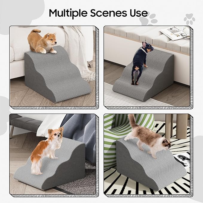 Pet Stairs for Small Dogs and Cats, Comfortable Curved Design with Waterproof Cover, High-Density Foam Steps for Beds or Sofas, Durable and Lightweight, 3-Layer, 21.7x15.7x13.8 Inches Grey
