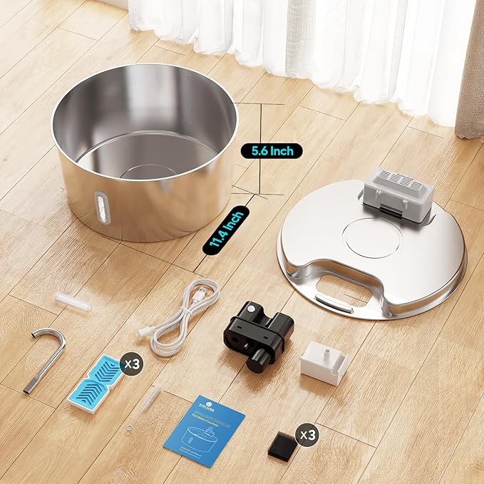 Voluas Dog Water Fountain: 1.8Gal/7L Wireless Stainless Steel Dog Fountain Bowl for Small to Large Dogs, Battery Operated Pet Water Dispenser Indoor with Ultra-Quiet Pump, Easy Clean, 1 Filter
