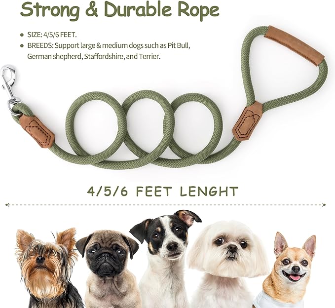 Mile High Life Leather Dog Leash, Heavy Duty Strong Genuine Leather Handle Rope Leash Soft and Comfortable for Small Medium Large Dogs (Olive Green, 60 Inch)