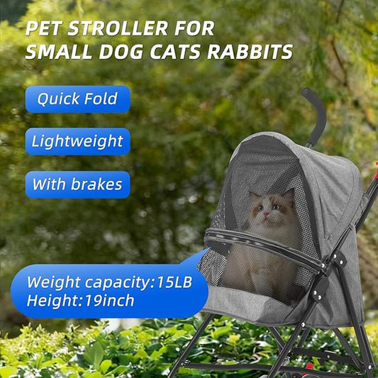 Pet Stroller Oxford Cloth Foldable Dog Strollers for Small Dogs and Cats Suitable for All Road Surfaces Wide-View Panoramic Window 4 Wheels with Brakes Portable Design, Easy to Store (Grey)
