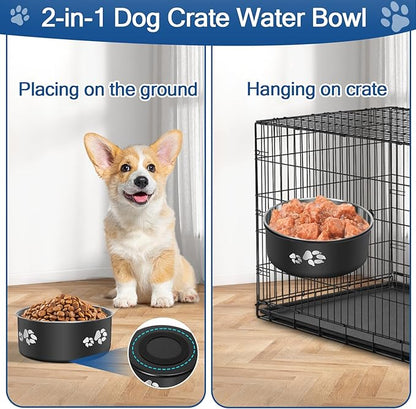 2 Pack Kennel Water Bowl,2-in-1 Stainless Steel Dog Crate Water Bowl No Spill,Hanging Dog Bowls for Kennel Cage,Metal Pet Food Feeder Dish with Non-Slip Base for Dogs Cats Bunny Ferret Bird