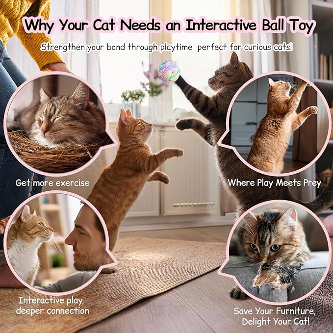 12 Pack 1.7 Inch Cat Toy Balls, Assorted Wool Yarn, Bell & Crinkle Balls for Indoor Cats & Kittens, Interactive Colorful Set