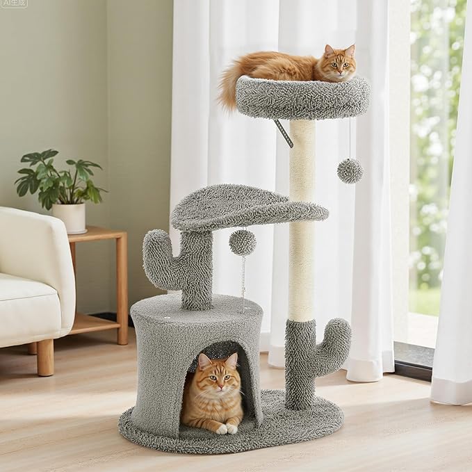 DUMOS 33-inch Cat Tree Tower for Indoor Cats, Small Cat Scratching Post with Curved Bed, Cat Tree with Cat Condo for Adult, Grey