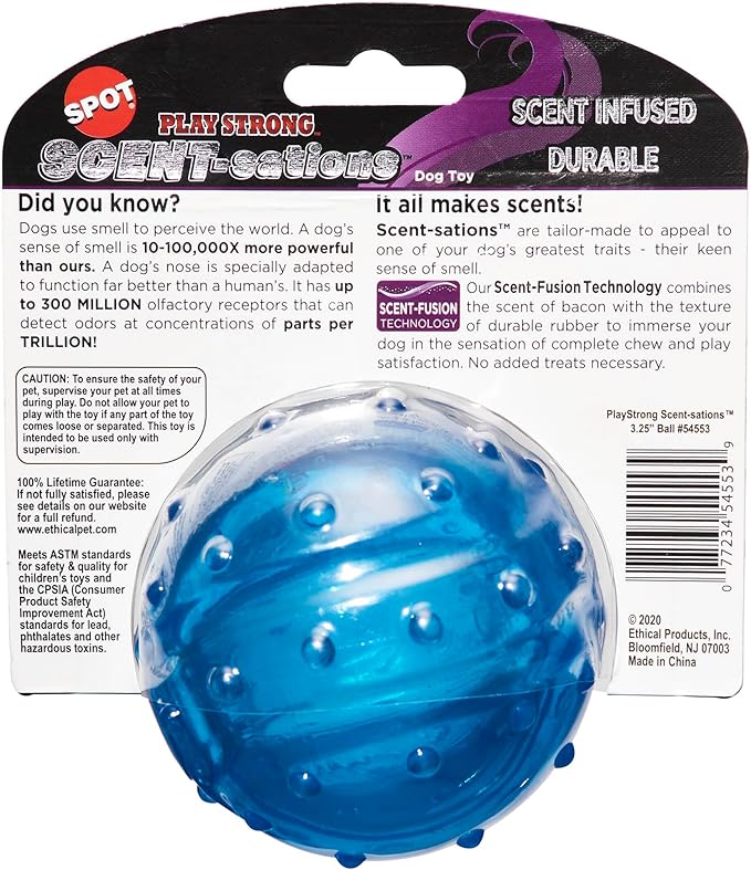 SPOT Play Strong Scent-sations Ball - Scent-Infused, Strong, Durable TPR Rubber, Heavy Duty Dog Toys for Aggressive Chewers up to 45lbs, Perfect for Puppies & Medium Breeds, 3.25in, Bacon Flavored