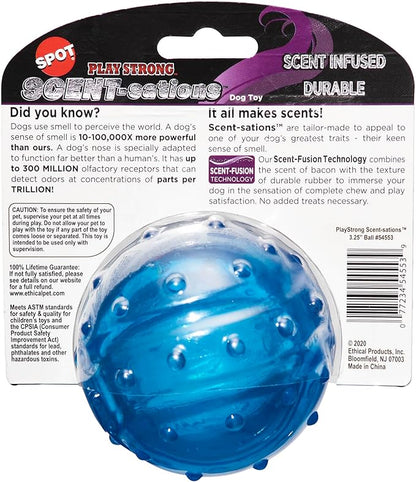 SPOT Play Strong Scent-sations Ball - Scent-Infused, Strong, Durable TPR Rubber, Heavy Duty Dog Toys for Aggressive Chewers up to 45lbs, Perfect for Puppies & Medium Breeds, 3.25in, Bacon Flavored