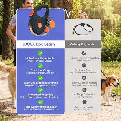 Retractable Dog Leash 16FT for Small & Medium Dogs, Sturdy Heavy-Duty Nylon Tape with Secure Locking Carabiner & Poop Bag Holder, Smooth One-Hand Control, Anti-Slip Handle, Tangle-Free Design (Black)