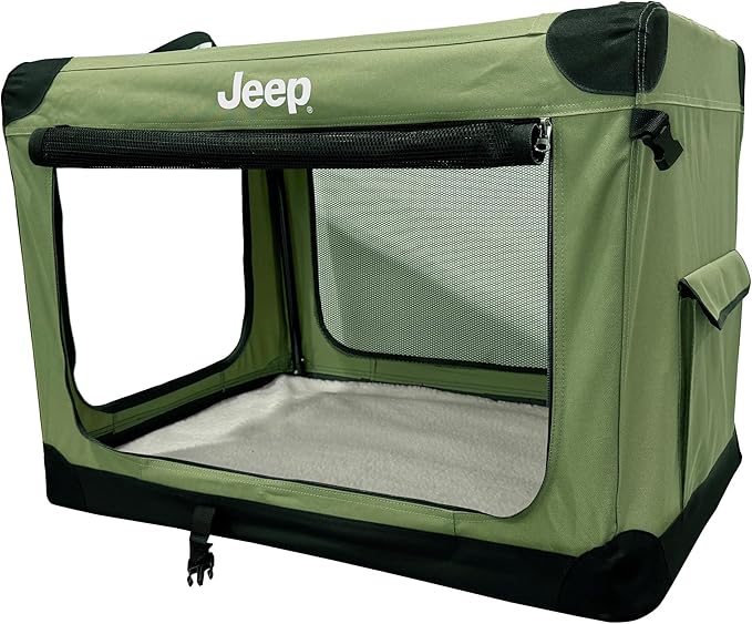 Jeep Portable Travel Crate for Dogs (Rugged Green) Easy Collapsible Soft Sided Kennel Carrier for Pets with Fleece Pad – Gifts for Jeep Owners (32 x 23 x 23 inch - Large)