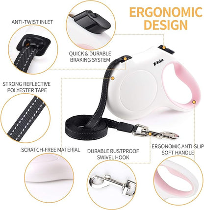 Fida Retractable Dog Leash for Small Breed up to 26 lbs, 16 ft Pet Walking Leash with Dispenser and Poop Bags, Anti-Slip Handle, Reflective Strong Nylon Tape, One-Handed Brake (S, White & Pink)