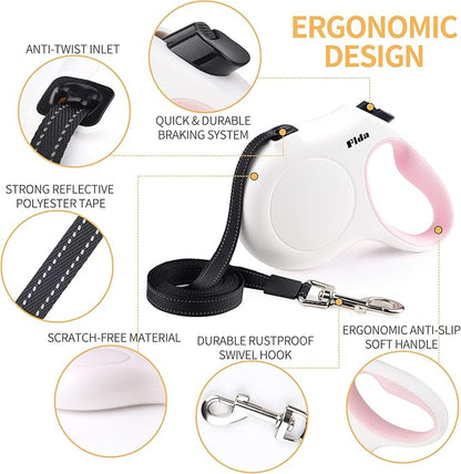 Fida Retractable Dog Leash with Dispenser and Poop Bags, 16 ft Pet Walking Leash for Large Dog up to 110 lbs, Anti-Slip Handle, Tangle Free, Reflective Nylon Tape (L, White)