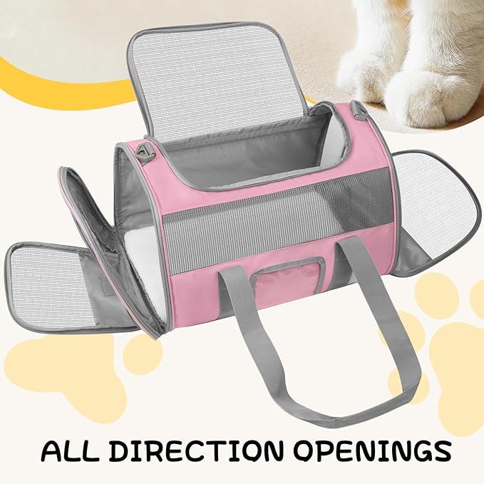 Soft Side Cat Carrier Airline Approved for Puppy Kitten Dog Carriers for Small Medium Cats Under 15lb, Collapsible TSA Approved Travel Pet Carrier, Pink with Grey