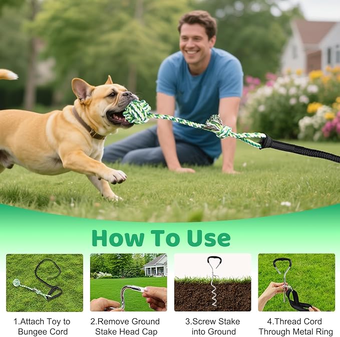EIODEAR Bungee Tug of War Dog Toy with Upgraded Steel Stake, Cotton Ball, Teething Rope and Soft Rope, Tether Tug Outdoor Dog Toy for Lawns and Trees, Interactive Dog Toys for Medium, Large Dog, Blue