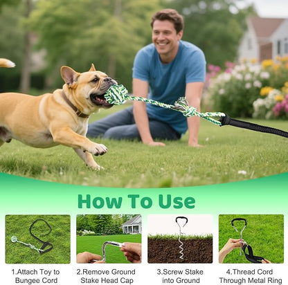 EIODEAR Bungee Tug of War Dog Toy with Upgraded Steel Stake, Cotton Ball, Teething Rope and Soft Rope, Tether Tug Outdoor Dog Toy for Lawns and Trees, Interactive Dog Toys for Medium, Large Dog, Blue